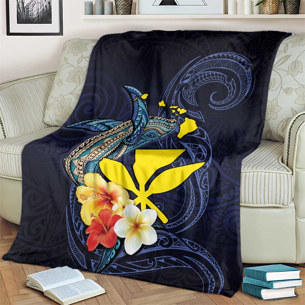 Hawaiian Whale and Kanaka Maoli Symbol Blanket Hibiscus with Hawaii Map and Polynesian Tattoo Deep Sea Color LT03 - Polynesian Pride