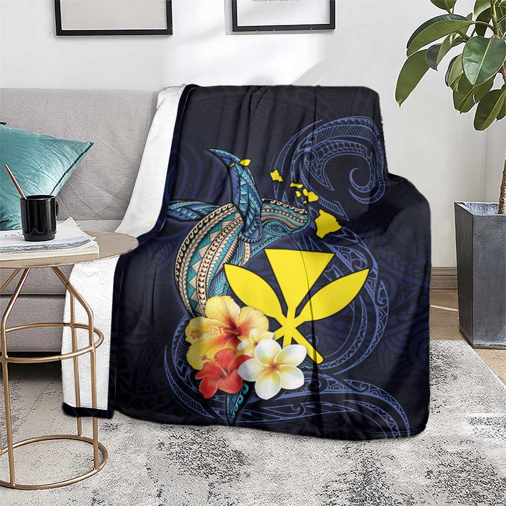 Hawaiian Whale and Kanaka Maoli Symbol Blanket Hibiscus with Hawaii Map and Polynesian Tattoo Deep Sea Color LT03 - Polynesian Pride
