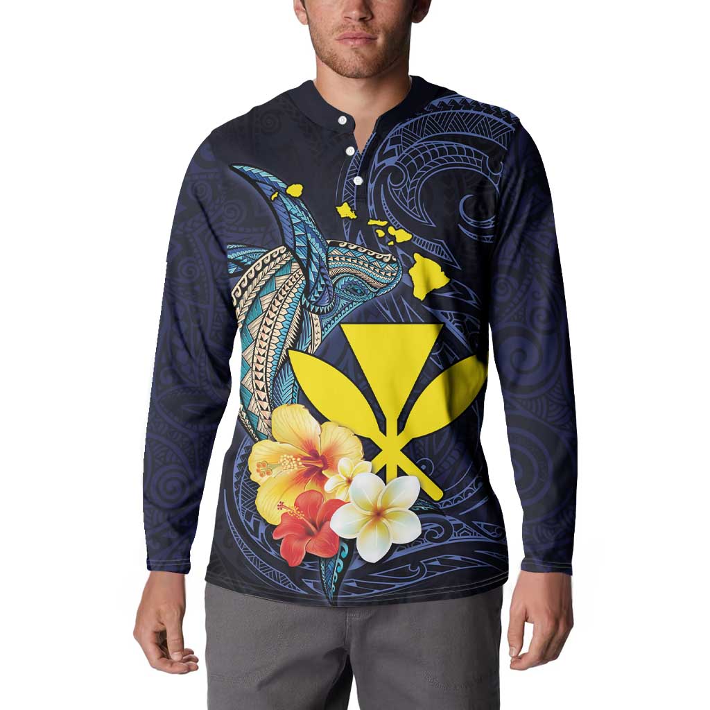 Hawaiian Whale and Kanaka Maoli Symbol Button Sweatshirt Hibiscus with Hawaii Map and Polynesian Tattoo Deep Sea Color LT03 - Polynesian Pride