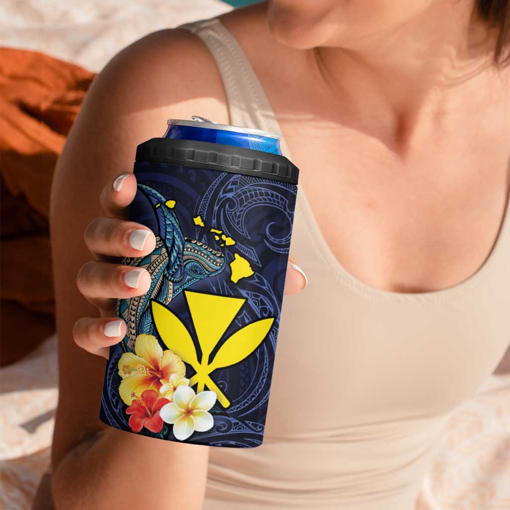 Hawaiian Whale and Kanaka Maoli Symbol 4 in 1 Can Cooler Tumbler Hibiscus with Hawaii Map and Polynesian Tattoo Deep Sea Color LT03 - Polynesian Pride