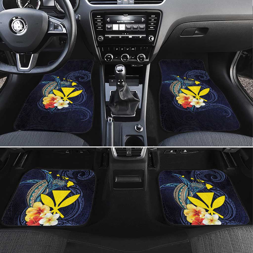 Hawaiian Whale and Kanaka Maoli Symbol Car Mats Hibiscus with Hawaii Map and Polynesian Tattoo Deep Sea Color LT03 Set 4pcs Blue - Polynesian Pride