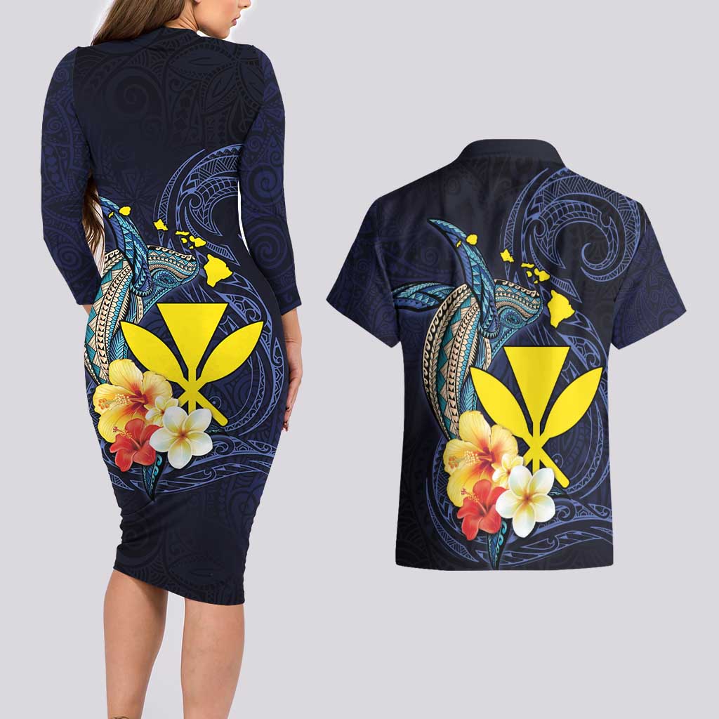 Hawaiian Whale and Kanaka Maoli Symbol Couples Matching Long Sleeve Bodycon Dress and Hawaiian Shirt Hibiscus with Hawaii Map and Polynesian Tattoo Deep Sea Color LT03 - Polynesian Pride