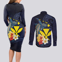 Hawaiian Whale and Kanaka Maoli Symbol Couples Matching Long Sleeve Bodycon Dress and Long Sleeve Button Shirt Hibiscus with Hawaii Map and Polynesian Tattoo Deep Sea Color LT03 - Polynesian Pride