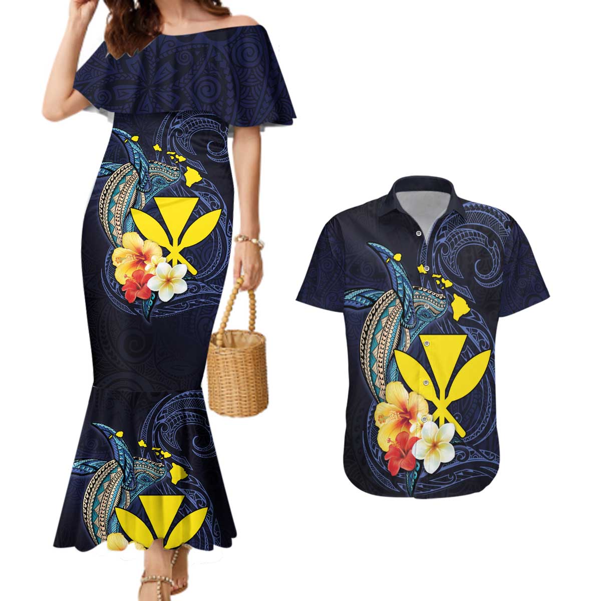 Hawaiian Whale and Kanaka Maoli Symbol Couples Matching Mermaid Dress and Hawaiian Shirt Hibiscus with Hawaii Map and Polynesian Tattoo Deep Sea Color LT03 Blue - Polynesian Pride
