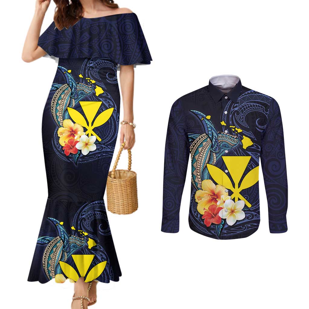Hawaiian Whale and Kanaka Maoli Symbol Couples Matching Mermaid Dress and Long Sleeve Button Shirt Hibiscus with Hawaii Map and Polynesian Tattoo Deep Sea Color LT03 Blue - Polynesian Pride