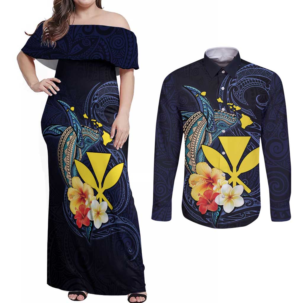Hawaiian Whale and Kanaka Maoli Symbol Couples Matching Off Shoulder Maxi Dress and Long Sleeve Button Shirt Hibiscus with Hawaii Map and Polynesian Tattoo Deep Sea Color LT03 Blue - Polynesian Pride