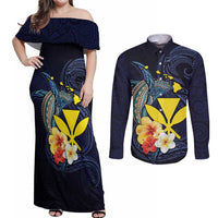 Hawaiian Whale and Kanaka Maoli Symbol Couples Matching Off Shoulder Maxi Dress and Long Sleeve Button Shirt Hibiscus with Hawaii Map and Polynesian Tattoo Deep Sea Color LT03 Blue - Polynesian Pride