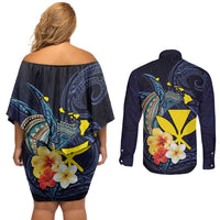 Hawaiian Whale and Kanaka Maoli Symbol Couples Matching Off Shoulder Short Dress and Long Sleeve Button Shirt Hibiscus with Hawaii Map and Polynesian Tattoo Deep Sea Color LT03 - Polynesian Pride