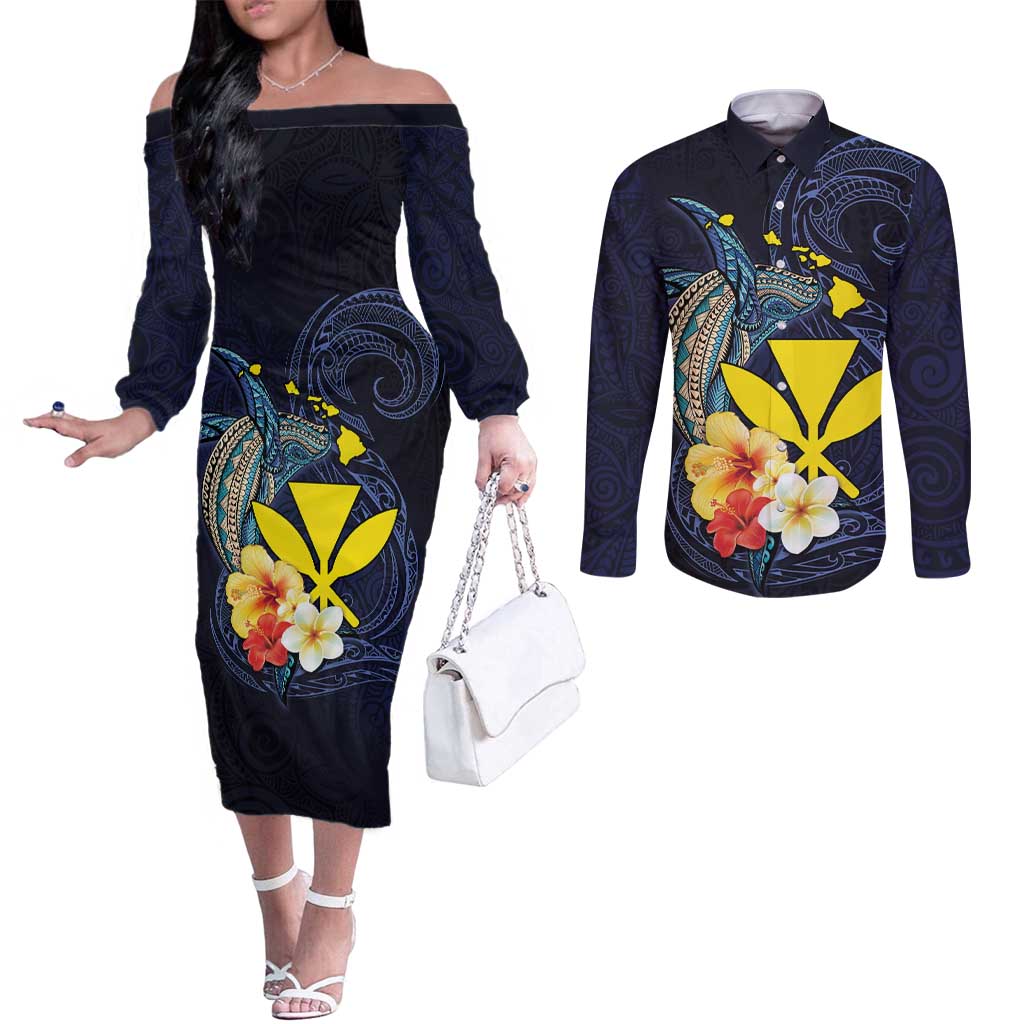 Hawaiian Whale and Kanaka Maoli Symbol Couples Matching Off The Shoulder Long Sleeve Dress and Long Sleeve Button Shirt Hibiscus with Hawaii Map and Polynesian Tattoo Deep Sea Color LT03 Blue - Polynesian Pride