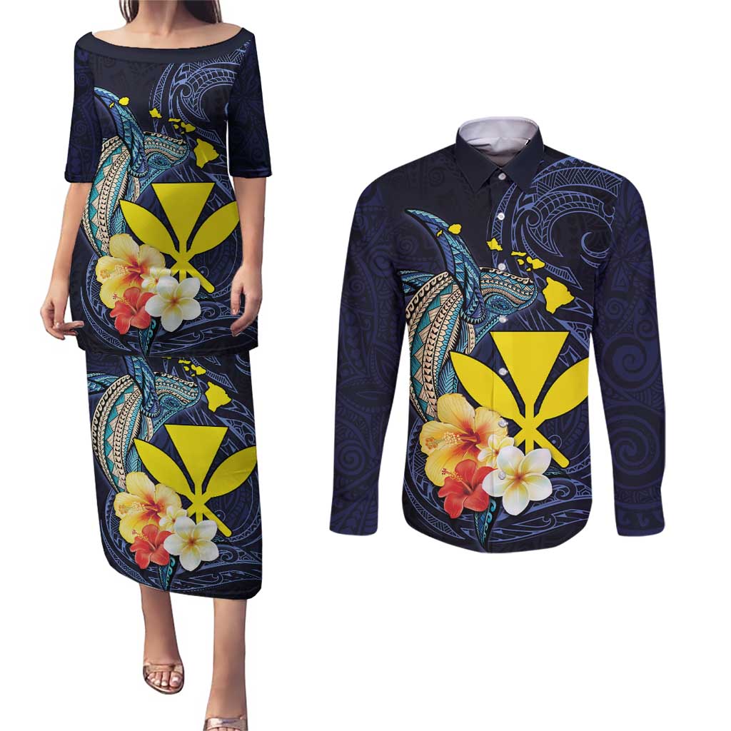 Hawaiian Whale and Kanaka Maoli Symbol Couples Matching Puletasi and Long Sleeve Button Shirt Hibiscus with Hawaii Map and Polynesian Tattoo Deep Sea Color