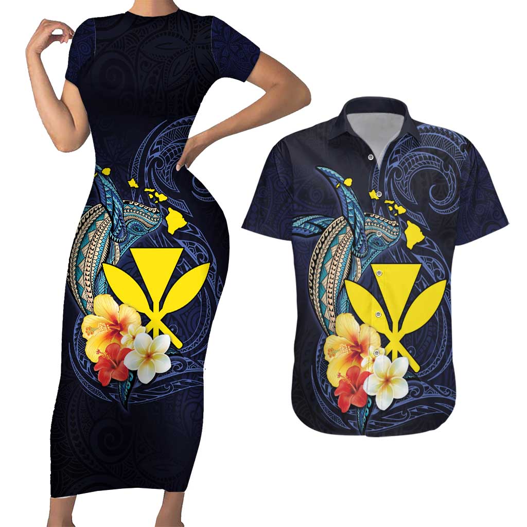 Hawaiian Whale and Kanaka Maoli Symbol Couples Matching Short Sleeve Bodycon Dress and Hawaiian Shirt Hibiscus with Hawaii Map and Polynesian Tattoo Deep Sea Color LT03 Blue - Polynesian Pride