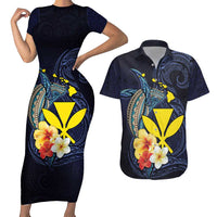 Hawaiian Whale and Kanaka Maoli Symbol Couples Matching Short Sleeve Bodycon Dress and Hawaiian Shirt Hibiscus with Hawaii Map and Polynesian Tattoo Deep Sea Color LT03 Blue - Polynesian Pride