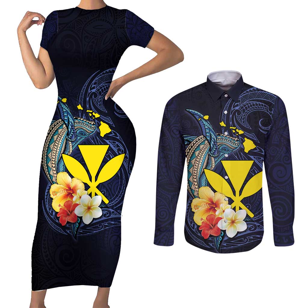 Hawaiian Whale and Kanaka Maoli Symbol Couples Matching Short Sleeve Bodycon Dress and Long Sleeve Button Shirt Hibiscus with Hawaii Map and Polynesian Tattoo Deep Sea Color LT03 Blue - Polynesian Pride