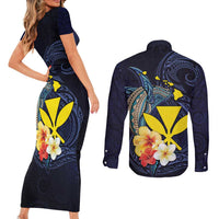 Hawaiian Whale and Kanaka Maoli Symbol Couples Matching Short Sleeve Bodycon Dress and Long Sleeve Button Shirt Hibiscus with Hawaii Map and Polynesian Tattoo Deep Sea Color LT03 - Polynesian Pride