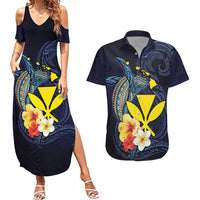 Hawaiian Whale and Kanaka Maoli Symbol Couples Matching Summer Maxi Dress and Hawaiian Shirt Hibiscus with Hawaii Map and Polynesian Tattoo Deep Sea Color LT03 Blue - Polynesian Pride