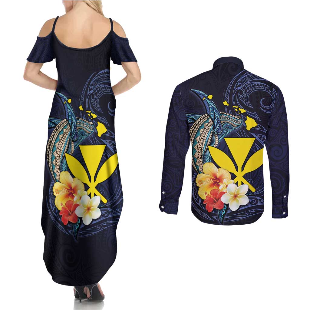 Hawaiian Whale and Kanaka Maoli Symbol Couples Matching Summer Maxi Dress and Long Sleeve Button Shirt Hibiscus with Hawaii Map and Polynesian Tattoo Deep Sea Color LT03 - Polynesian Pride