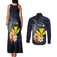Hawaiian Whale and Kanaka Maoli Symbol Couples Matching Tank Maxi Dress and Long Sleeve Button Shirt Hibiscus with Hawaii Map and Polynesian Tattoo Deep Sea Color LT03 - Polynesian Pride
