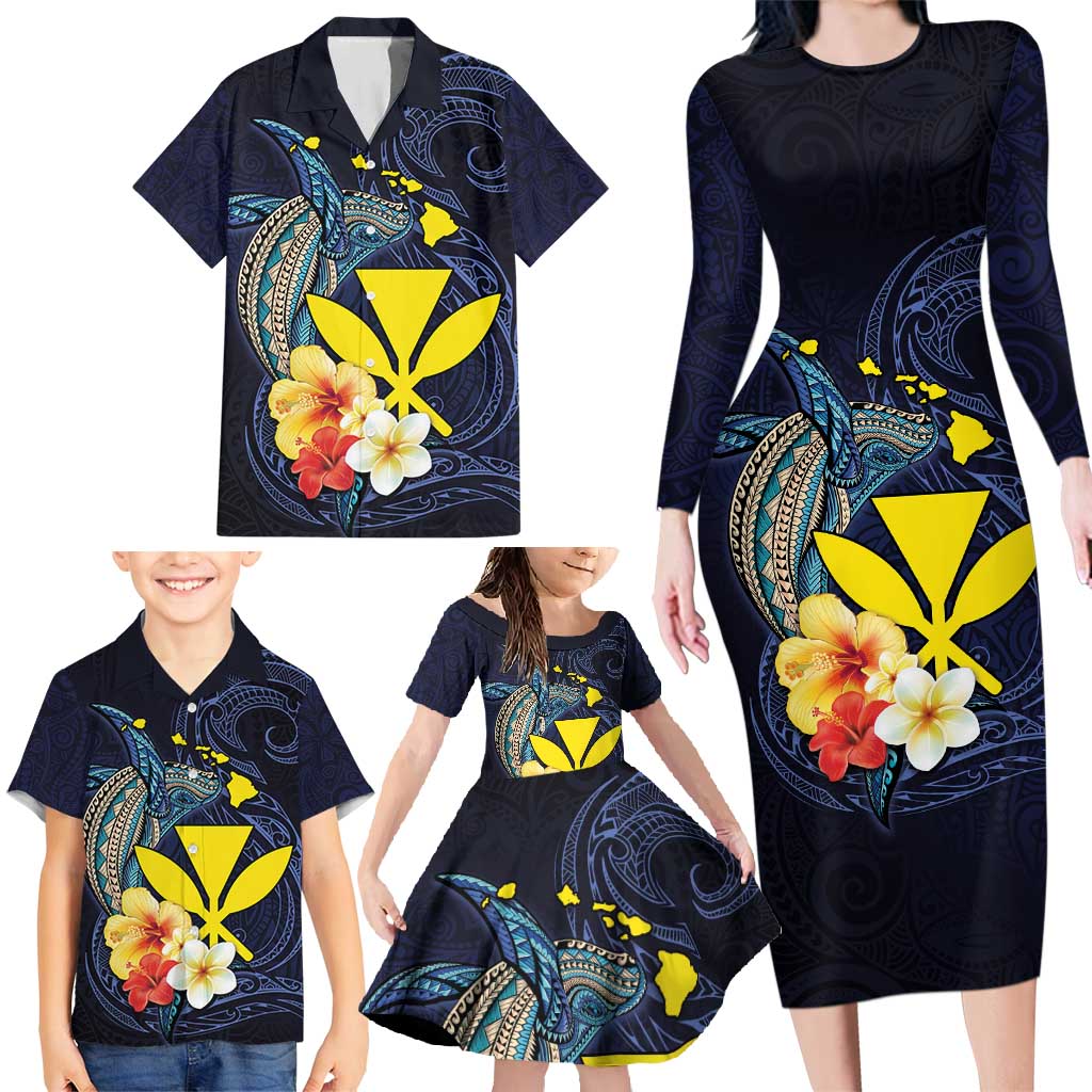 Hawaiian Whale and Kanaka Maoli Symbol Family Matching Long Sleeve Bodycon Dress and Hawaiian Shirt Hibiscus with Hawaii Map and Polynesian Tattoo Deep Sea Color LT03 - Polynesian Pride