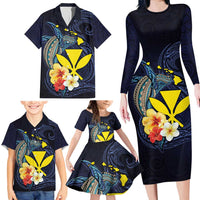 Hawaiian Whale and Kanaka Maoli Symbol Family Matching Long Sleeve Bodycon Dress and Hawaiian Shirt Hibiscus with Hawaii Map and Polynesian Tattoo Deep Sea Color LT03 - Polynesian Pride