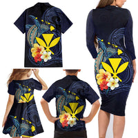 Hawaiian Whale and Kanaka Maoli Symbol Family Matching Long Sleeve Bodycon Dress and Hawaiian Shirt Hibiscus with Hawaii Map and Polynesian Tattoo Deep Sea Color LT03 - Polynesian Pride