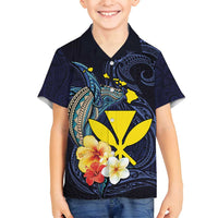 Hawaiian Whale and Kanaka Maoli Symbol Family Matching Long Sleeve Bodycon Dress and Hawaiian Shirt Hibiscus with Hawaii Map and Polynesian Tattoo Deep Sea Color LT03 Son's Shirt Blue - Polynesian Pride