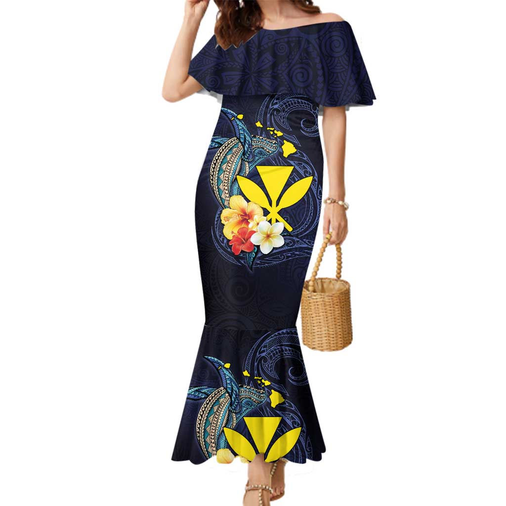 Hawaiian Whale and Kanaka Maoli Symbol Family Matching Mermaid Dress and Hawaiian Shirt Hibiscus with Hawaii Map and Polynesian Tattoo Deep Sea Color LT03 Mom's Dress Blue - Polynesian Pride