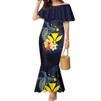 Hawaiian Whale and Kanaka Maoli Symbol Family Matching Mermaid Dress and Hawaiian Shirt Hibiscus with Hawaii Map and Polynesian Tattoo Deep Sea Color LT03 Mom's Dress Blue - Polynesian Pride