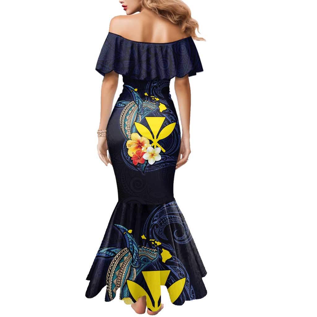 Hawaiian Whale and Kanaka Maoli Symbol Family Matching Mermaid Dress and Hawaiian Shirt Hibiscus with Hawaii Map and Polynesian Tattoo Deep Sea Color LT03 - Polynesian Pride