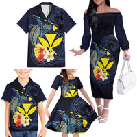 Hawaiian Whale and Kanaka Maoli Symbol Family Matching Off The Shoulder Long Sleeve Dress and Hawaiian Shirt Hibiscus with Hawaii Map and Polynesian Tattoo Deep Sea Color LT03 - Polynesian Pride