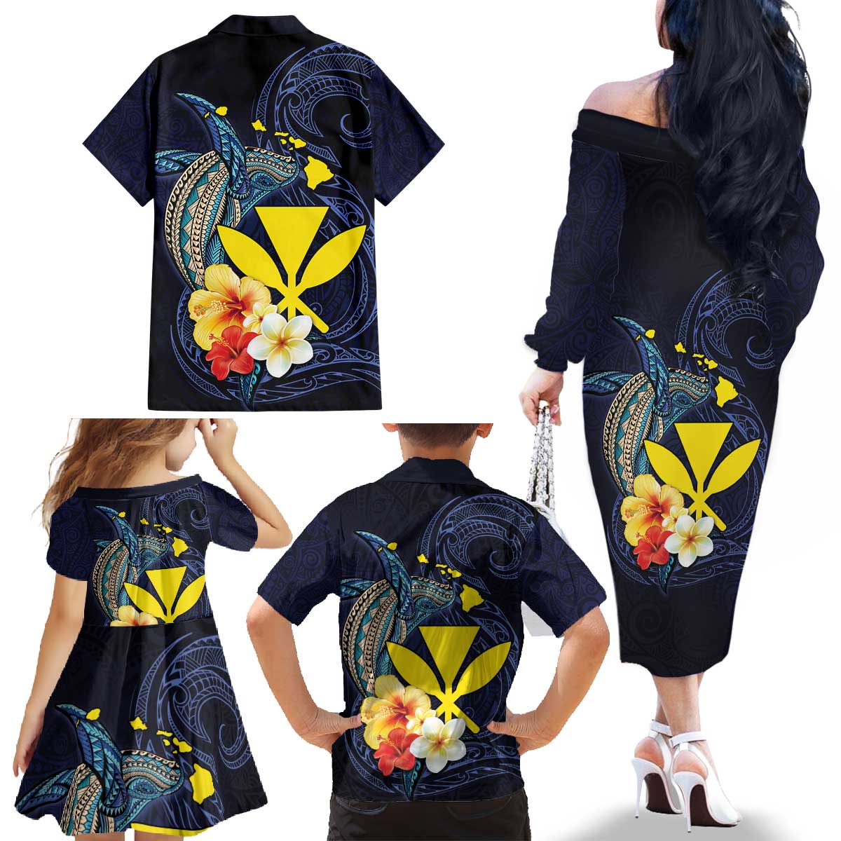 Hawaiian Whale and Kanaka Maoli Symbol Family Matching Off The Shoulder Long Sleeve Dress and Hawaiian Shirt Hibiscus with Hawaii Map and Polynesian Tattoo Deep Sea Color LT03 - Polynesian Pride