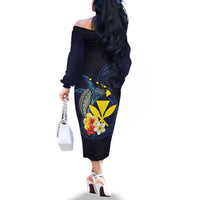 Hawaiian Whale and Kanaka Maoli Symbol Family Matching Off The Shoulder Long Sleeve Dress and Hawaiian Shirt Hibiscus with Hawaii Map and Polynesian Tattoo Deep Sea Color LT03 - Polynesian Pride