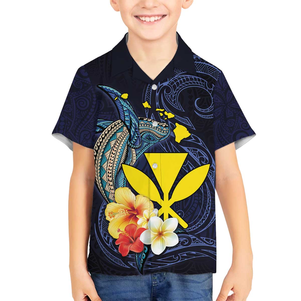 Hawaiian Whale and Kanaka Maoli Symbol Family Matching Off The Shoulder Long Sleeve Dress and Hawaiian Shirt Hibiscus with Hawaii Map and Polynesian Tattoo Deep Sea Color LT03 Son's Shirt Blue - Polynesian Pride