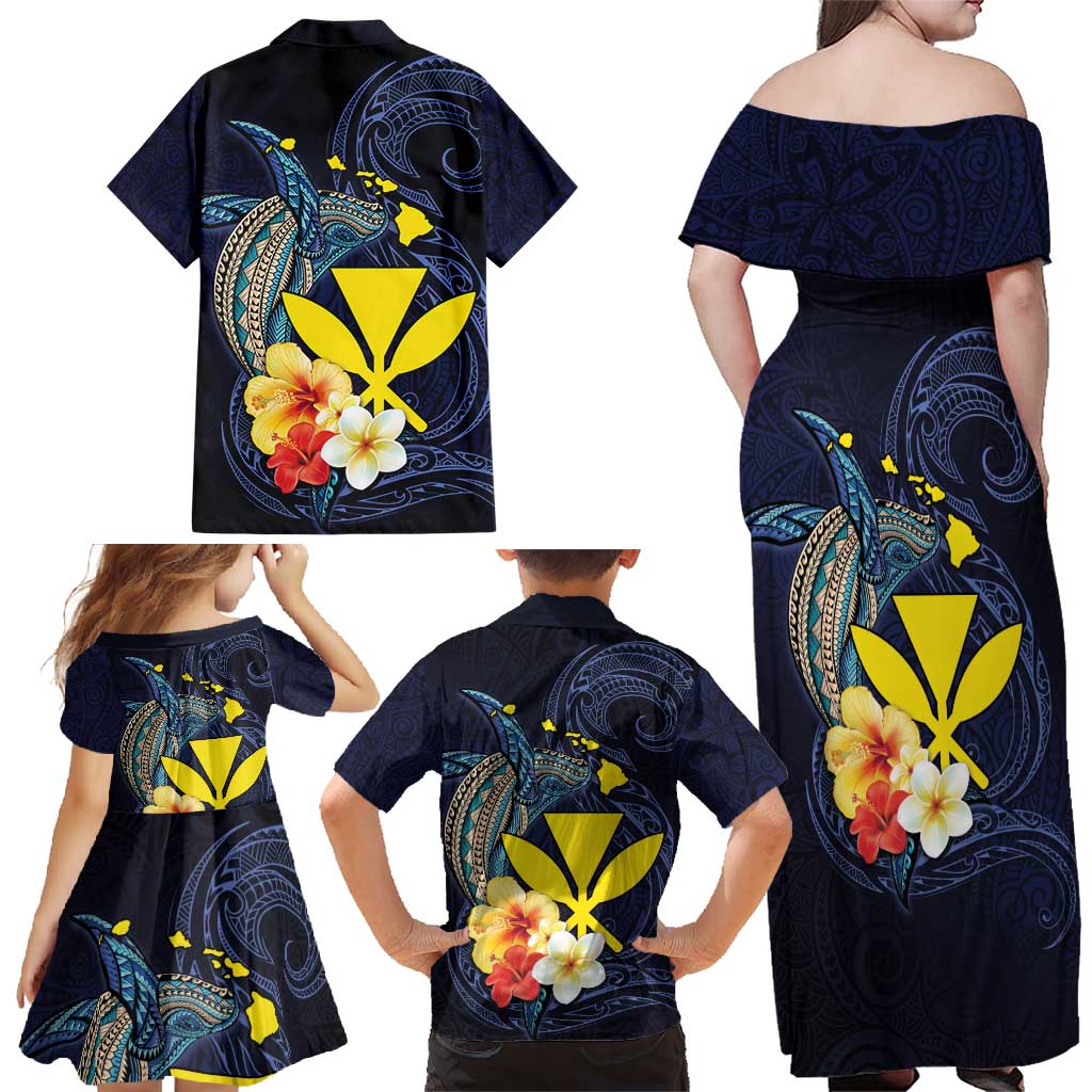 Hawaiian Whale and Kanaka Maoli Symbol Family Matching Off Shoulder Maxi Dress and Hawaiian Shirt Hibiscus with Hawaii Map and Polynesian Tattoo Deep Sea Color LT03 - Polynesian Pride