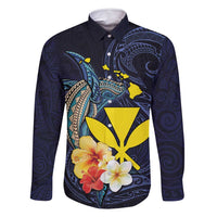 Hawaiian Whale and Kanaka Maoli Symbol Family Matching Off Shoulder Maxi Dress and Hawaiian Shirt Hibiscus with Hawaii Map and Polynesian Tattoo Deep Sea Color LT03 Dad's Shirt - Long Sleeve Blue - Polynesian Pride