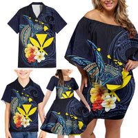 Hawaiian Whale and Kanaka Maoli Symbol Family Matching Off Shoulder Short Dress and Hawaiian Shirt Hibiscus with Hawaii Map and Polynesian Tattoo Deep Sea Color LT03 - Polynesian Pride