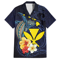Hawaiian Whale and Kanaka Maoli Symbol Family Matching Off Shoulder Short Dress and Hawaiian Shirt Hibiscus with Hawaii Map and Polynesian Tattoo Deep Sea Color LT03 Dad's Shirt - Short Sleeve Blue - Polynesian Pride