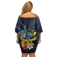 Hawaiian Whale and Kanaka Maoli Symbol Family Matching Off Shoulder Short Dress and Hawaiian Shirt Hibiscus with Hawaii Map and Polynesian Tattoo Deep Sea Color LT03 - Polynesian Pride