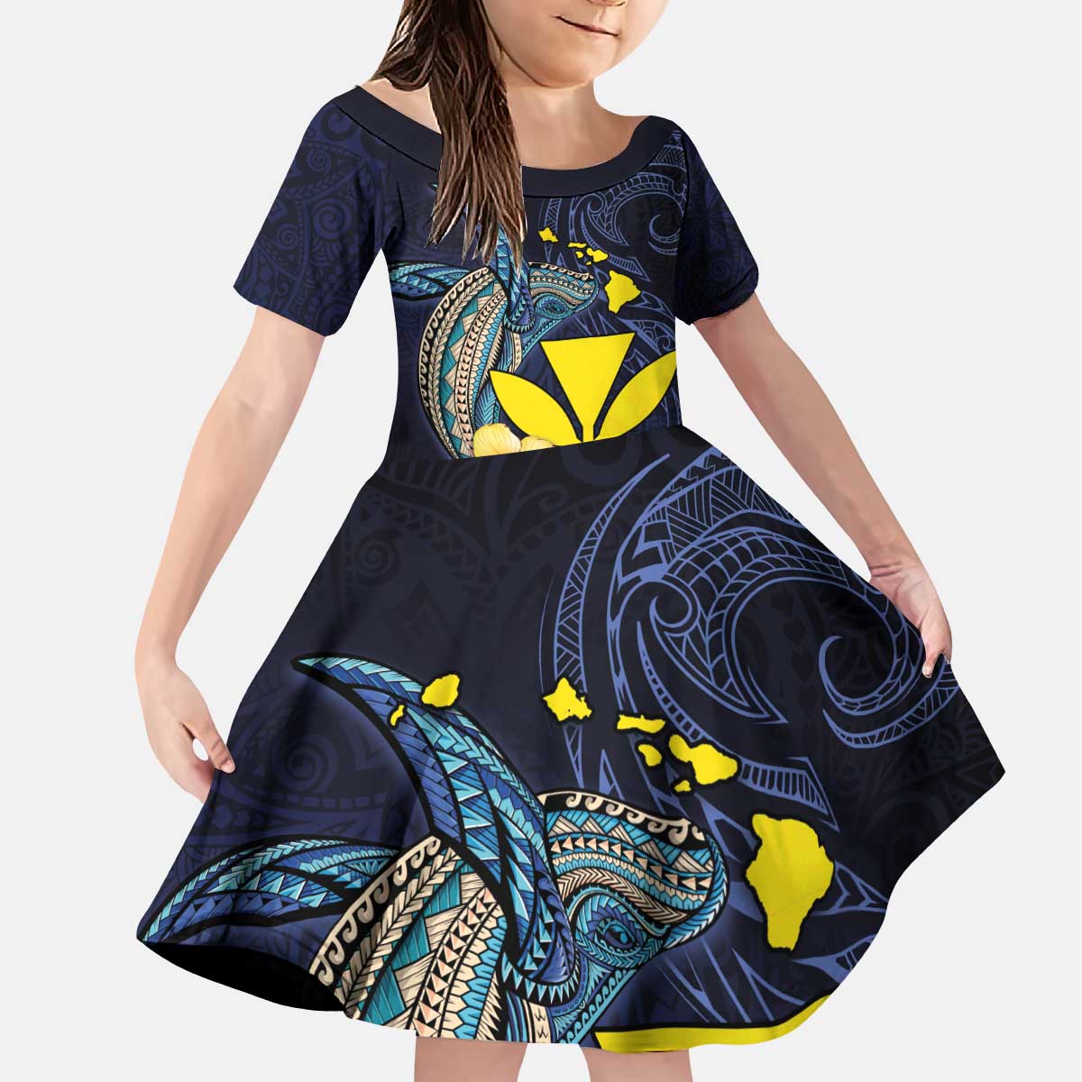 Hawaiian Whale and Kanaka Maoli Symbol Family Matching Puletasi and Hawaiian Shirt Hibiscus with Hawaii Map and Polynesian Tattoo Deep Sea Color LT03 Daughter's Dress Blue - Polynesian Pride