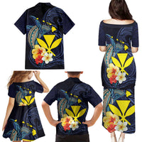 Hawaiian Whale and Kanaka Maoli Symbol Family Matching Puletasi and Hawaiian Shirt Hibiscus with Hawaii Map and Polynesian Tattoo Deep Sea Color LT03 - Polynesian Pride