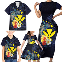 Hawaiian Whale and Kanaka Maoli Symbol Family Matching Short Sleeve Bodycon Dress and Hawaiian Shirt Hibiscus with Hawaii Map and Polynesian Tattoo Deep Sea Color LT03 - Polynesian Pride