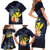 Hawaiian Whale and Kanaka Maoli Symbol Family Matching Short Sleeve Bodycon Dress and Hawaiian Shirt Hibiscus with Hawaii Map and Polynesian Tattoo Deep Sea Color LT03 - Polynesian Pride