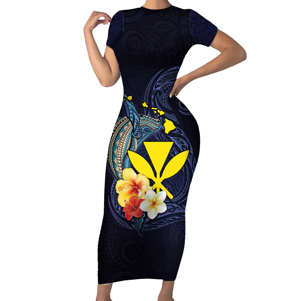 Hawaiian Whale and Kanaka Maoli Symbol Family Matching Short Sleeve Bodycon Dress and Hawaiian Shirt Hibiscus with Hawaii Map and Polynesian Tattoo Deep Sea Color LT03 Mom's Dress Blue - Polynesian Pride