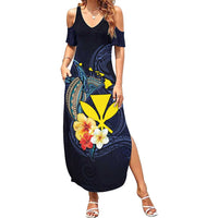 Hawaiian Whale and Kanaka Maoli Symbol Family Matching Summer Maxi Dress and Hawaiian Shirt Hibiscus with Hawaii Map and Polynesian Tattoo Deep Sea Color LT03 Mom's Dress Blue - Polynesian Pride