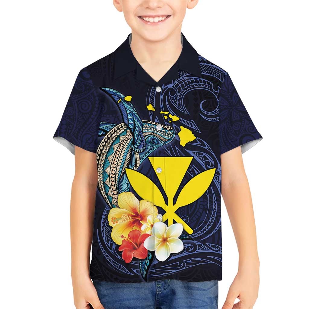 Hawaiian Whale and Kanaka Maoli Symbol Family Matching Summer Maxi Dress and Hawaiian Shirt Hibiscus with Hawaii Map and Polynesian Tattoo Deep Sea Color LT03 Son's Shirt Blue - Polynesian Pride