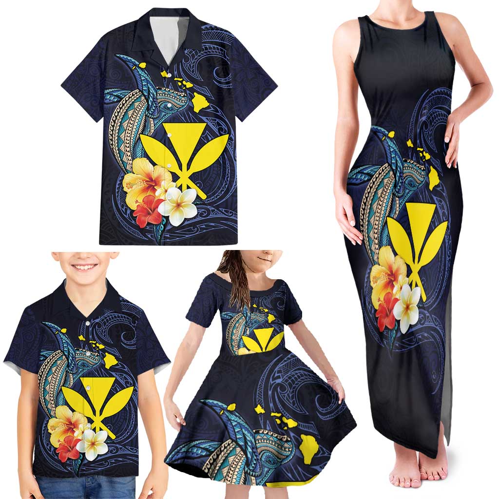 Hawaiian Whale and Kanaka Maoli Symbol Family Matching Tank Maxi Dress and Hawaiian Shirt Hibiscus with Hawaii Map and Polynesian Tattoo Deep Sea Color