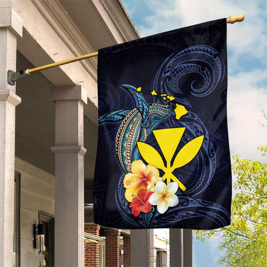 Hawaiian Whale and Kanaka Maoli Symbol Garden Flag Hibiscus with Hawaii Map and Polynesian Tattoo Deep Sea Color LT03 House Flag Blue - Polynesian Pride