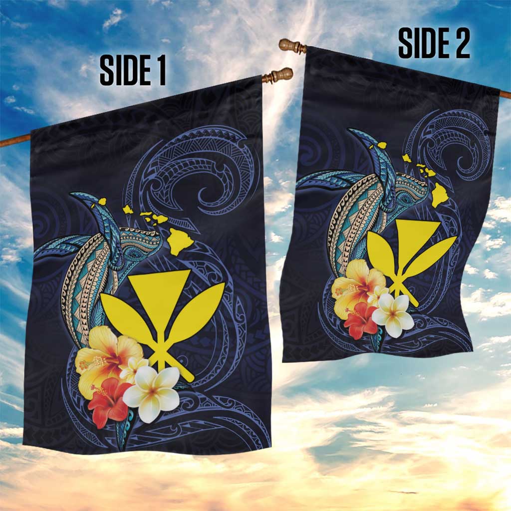 Hawaiian Whale and Kanaka Maoli Symbol Garden Flag Hibiscus with Hawaii Map and Polynesian Tattoo Deep Sea Color LT03 - Polynesian Pride