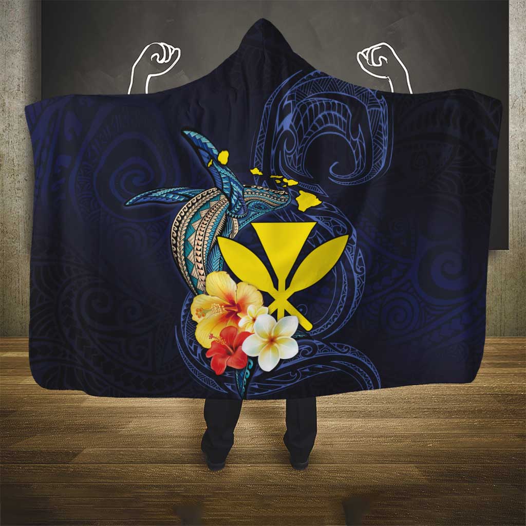 Hawaiian Whale and Kanaka Maoli Symbol Hooded Blanket Hibiscus with Hawaii Map and Polynesian Tattoo Deep Sea Color LT03 - Polynesian Pride