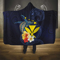Hawaiian Whale and Kanaka Maoli Symbol Hooded Blanket Hibiscus with Hawaii Map and Polynesian Tattoo Deep Sea Color LT03 - Polynesian Pride
