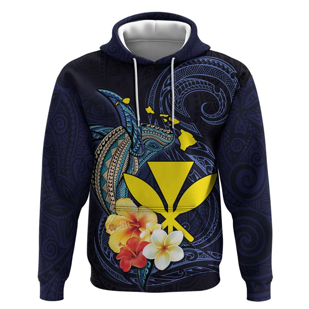 Hawaiian Whale and Kanaka Maoli Symbol Hoodie Hibiscus with Hawaii Map and Polynesian Tattoo Deep Sea Color LT03 Pullover Hoodie Blue - Polynesian Pride